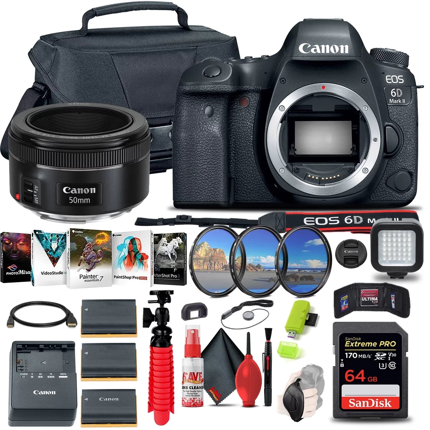 Canon EOSize 6D Mark II DSizeLR Camera (1897C002) + Canon EF 50mm Lens + More