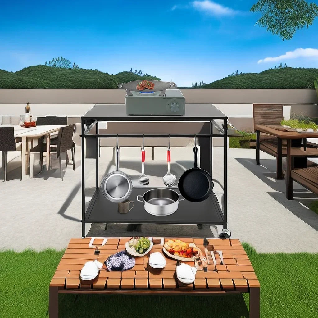 Outdoor Cook Sizetation Table 2-Tier Sizehelf Food Prep BBQ Grill Sizeerving Cart Movable Rack