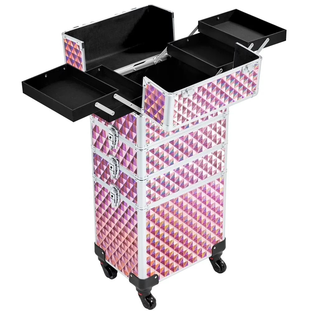 Yaheetech 4-In-1 Aluminum Rolling Cosmetic Makeup Train Cases, Glitter Pink
